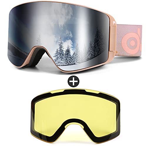 Odoland Kit de Lunettes de Ski Magnetique, Lunettes de Cylindrique avec Lentille Détachable, Masque de Snowboard Hommes et Femmes, Anti-UV400, Anti-Buée, Coupe-Vent Argent VLT15%