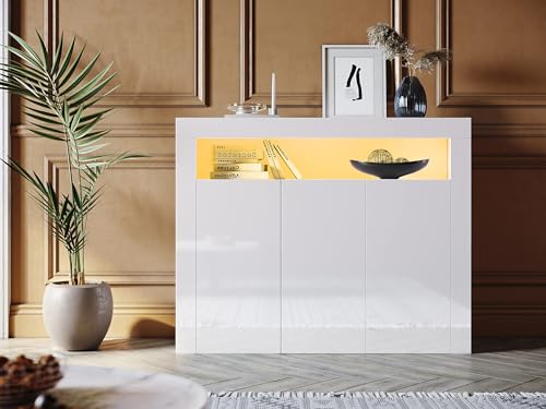 SONNI Aparador Blanco Brillo con Luz LED Regulable y 3 Puertas,Aparadores Modernos para Salon Cocina y Entrada Recibidor,Buffet Comedor