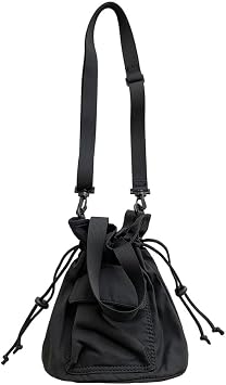 Drawstring Pleated Crossbody Bag-Lightweight Nylon Shoulder Tote for Women,Casual Slant Hanging Bag, Adjustable Strap,Ideal for Sports,Work,Travel,Shopping,Leisure,Black
