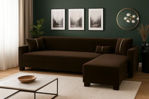 Image of SOCOZI Almeria 5 Seater RHS L Shape Sofa Set | Soft Velvet Suede Fabric | Modern Design | Plush Comfort Cushions for Living Room (Dark Brown)