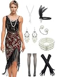 YENMILL Peacock-inspired 1920s Gatsby Beaded Flapper Sling Dress Womens Vintage Cocktail Dress W/Complete Accessories Set (Red, X-Large)
