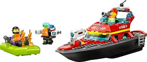 LEGO 60373 City Feuerwehrboot, Spielzeug, das im Wasser schwimmt, mit Rennboot, 3 Minifiguren und Jetpack, Feuerwehr-Boot-Spielzeug Geschenkidee für Jungen und Mädchen ab 5 Jahren