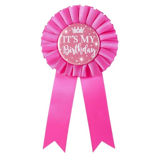 It's My Birthday Brooch, Pink Satin Fabric Happy Birthday Tinplate Badge Pin for Girls, Award Badge Party Decoration