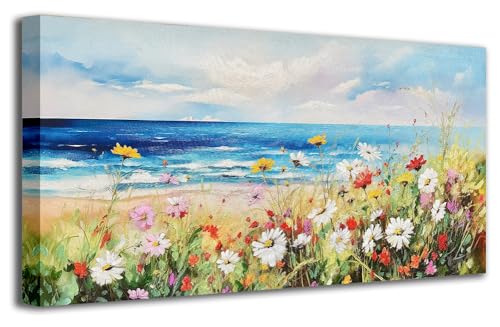 Yatehui Beach Flowers Painting Wildflower Textured Wall Art for Living Room Bedroom Wall Decor Colorful Floral Canvas Pictures Ready to Hang 40x20 Inch