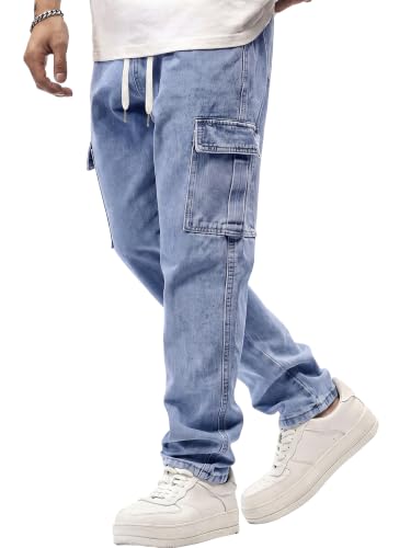 Image of JMIERR Men's Elastic Waist Cargo Jeans Stretch Denim Pants with Drawstring Straight Leg for Casual Daily Wear