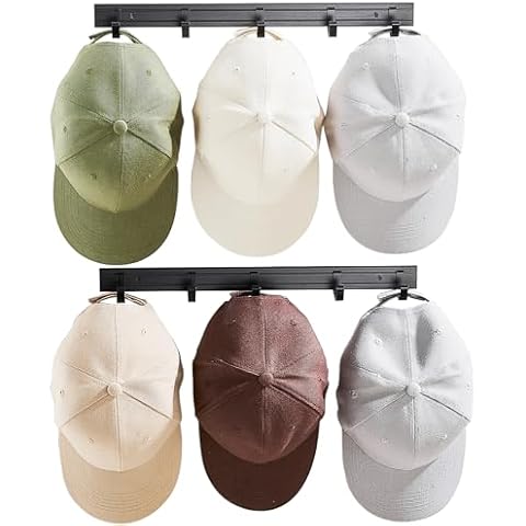SIMVE Hat Organizer Rack for Baseball Caps Wall Mounted 15.7 in Removable 10 Aluminum Hook for Closet Door Room Entryway Metal Hanging Display Hanger Storage Holder for Towel Key Bag Coat Black Cover
