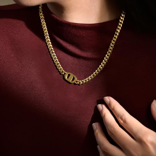 Womens 18K Real Gold Plated Initial Necklace Choker with Double D Letter, 6mm 316L Stainless Steel Diamond-Cut Curb Cuban Link Chain(Custom Box and Pouch Packing for Gift)3