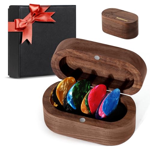 12 Stück Hochwertige Plektrum, Plectren Gitarre mit Nussbaum Plektrum Halter, Zelluloid Guitar Picks in 3 Stärken für Bass E-Gitarre, Ukulele, Akustikgitarre, Plektron für Gitarren Zubehör