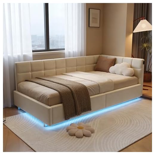BRILVERDE Einzelbett 90x200 mit Stauraum, Polsterbett mit LED/USB, Bettgestell mit Lattenrost und kopfteil, Bettrahmen für Jugendliche, Samt (Beige, 90 x 200 cm)