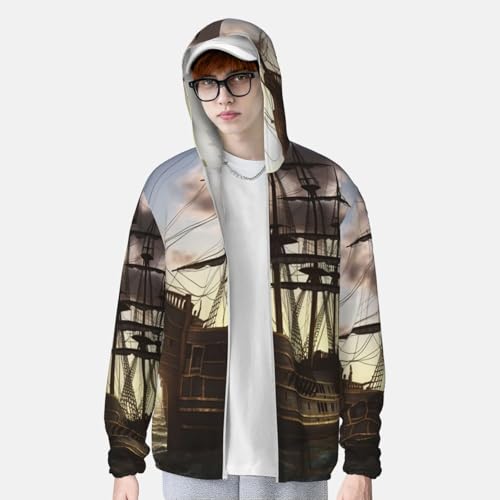 Men's Sun Protection Shirts Pirate Ship and Sea Long Sleeve Sun Shirt for Fishing Running Hiking Swim3