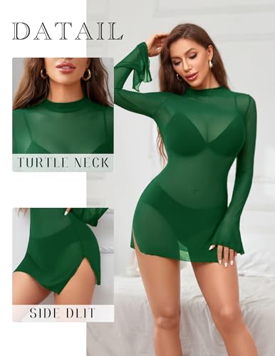 Image of Avidlove Mesh Mini Dresses for Women Bell Sleeves Bodycon Turtle Neck Split Lingerie Dress Vacation Party Outfits Clubwear
