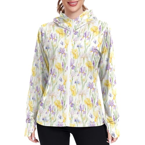 Womens Sun Protection Hoodie Jacket Lightweight Zip Up Jackets for Women UPF 50+ Clothing for Hiking Golf Cycling XL Colored Iris Flowers
