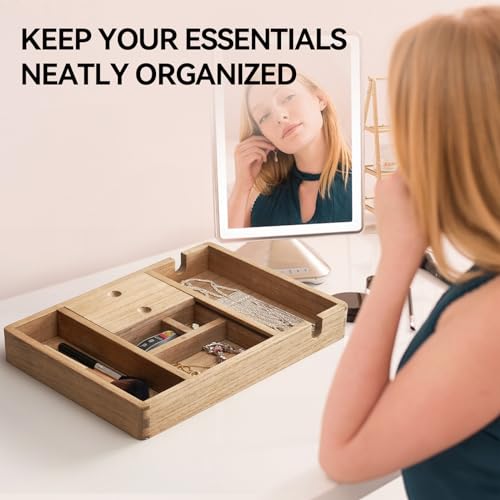KIRIGEN Wood Nightstand Organizer EDC Jewelry, Valet, Phone Charge Tray for Home Bedroom Brown(SSP-DBR)