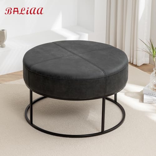 Image of Modern Round Coffee Table, Farmhouse Ottoman for Living Room, Large Vintage Faux Leather Coffee Tables with Leather Upholstered Padded Seat [Round, Vintage Black, 30'']