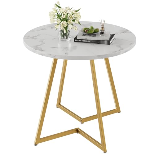 Image of VECELO Round Dining Room Table with Wood Grain Tabletop and Steel Frame, for Kitchen, Living Room, Office, Conference, 2 to 4 Person, White & Gold