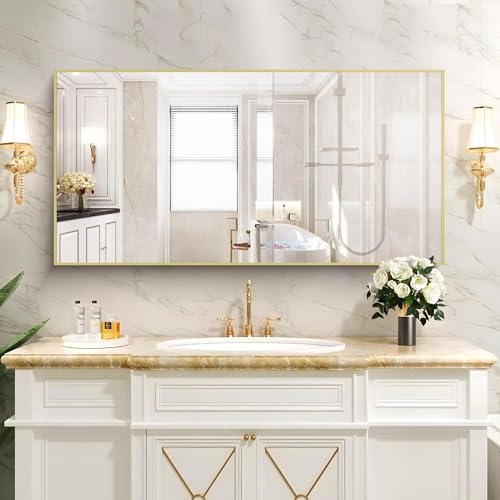 Image of COFENY 48x24In Gold Bathroom Mirror for Wall, Brushed Gold Rectangle Mirrors with Metal Frame, Bathroom Rectangular Mirror Modern Wall Mirror for Bedroom Living Room, Hangs Horizontal or Vertical