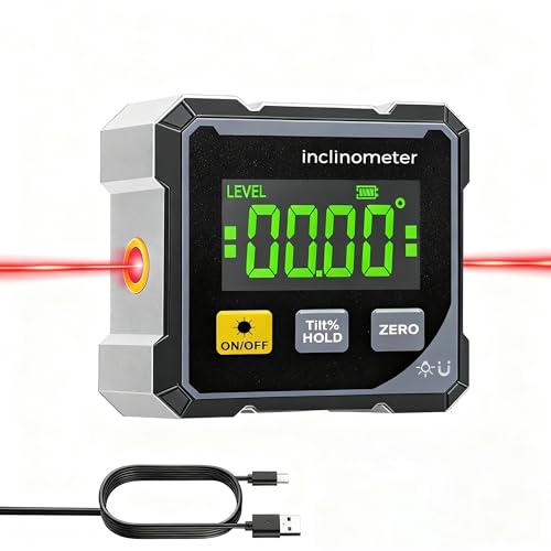 Inclinomètre Numérique Rapporteur 4 x 90° avec Base Magnétique 4 Faces et Laser, IP54 Étanche, Niveau Électronique, Détecteur d'Angle Numérique pour Menuiserie, Bâtiment, Métallerie (A)