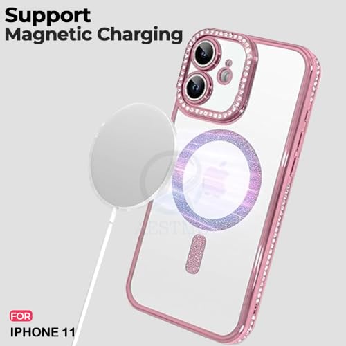 Image of AESTMO Back Cover for iPhone 11 Compatible with MagSafe | Diamond Glitter Case | Luxury Bling Rhinestone Soft Clear TPU Bumper | Camera Lens Protection Cover for iPhone 11 (Pink)