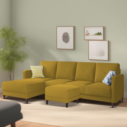 Image of Baloney LHS 6 Seater L Shape Sofa Set with Center Table for Living Room (Yellow Fabric) Premium Fabric Sofa