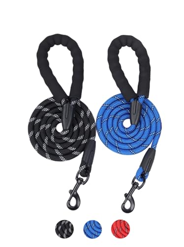SEVENPENCE 2 Pack 5FT Rope Dog Leash with Comfortable Foam Padded Handle Highly Reflective Threads Nylon Leash for Small Medium and Large Dogs 1/2 inch (Black & Blue)