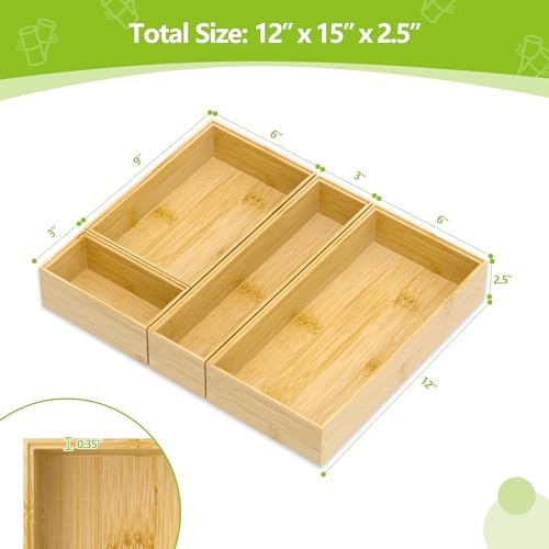 Greatseas Silverware Drawer Organizer Tray, 4 PCS Kitchen Drawer Organizer for Utensil Cutlery, Small Bamboo Drawer Organizer for Kitchen Organizers and Storage, Bathroom, Office Desk, Makeup