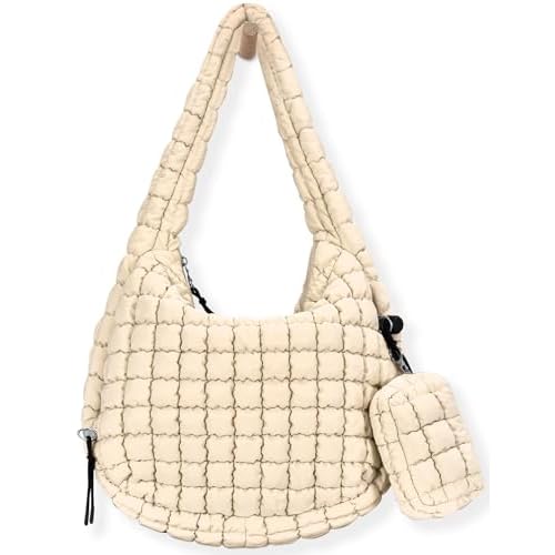 Puffer Tote Bag for Women Large Quilted Puffy Lightweight Carryall Crossbody Tote Bag for Women Beige