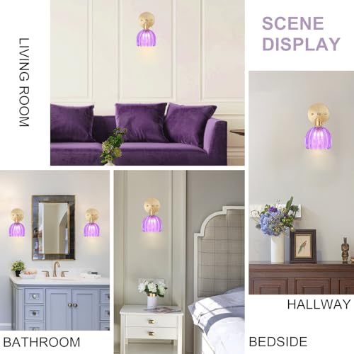 Image of Wall Sconces Set of Two Hardwired, Vintage Sconce Light with Tulip Purple Glass Lampshade, Bathroom Wall Lights with Switch, Gold Wall Light Sconces Wall Decor Set of 2