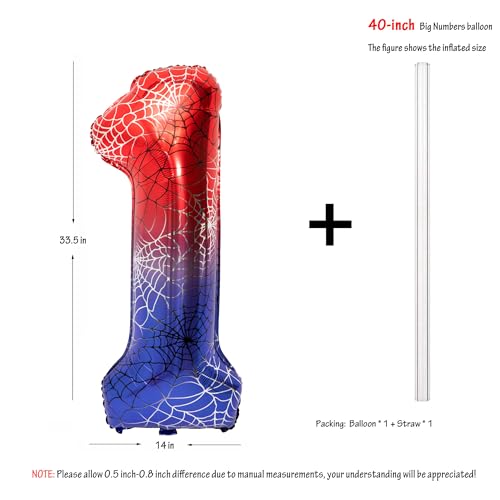 Image of 40 In Red And Blue Spider Theme Large Number 1 Balloon | Giant Large Helium Foil Balloon for Boy or Girl 1 th Birthday Wedding Anniversary Baby Shower Party Decorations