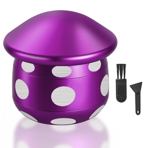 LHOEST 50MM Grinder - 24 Grinding Teeth Metal Crusher with Purple Mushroom Design, Cool 4 Layers Spice Grinder with Scraper and Plastic Brush