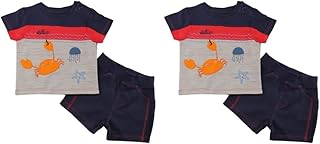 Elsayaad Boys short Sleeve & shorts Striped Pajama Set, Navy, 0-3 Months- Regular (Pack of 2)