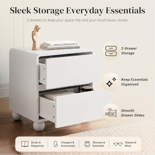 Image of Furniway White Nightstand Set of 2, Modern 2 Drawer Bedside Table with Curved Profile Design and Handle-Free Drawers, Modern End Table with Storage for Bedroom