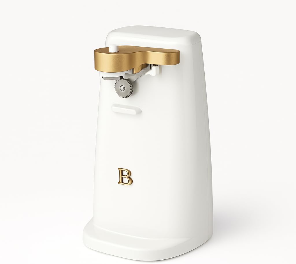 Electric Can Opener with One-Touch Operation, Smooth Rotation, Built-In Lid Magnet, Compact Countertop Design, Easy-Prep Kitchen Tool in White and Gold Finish