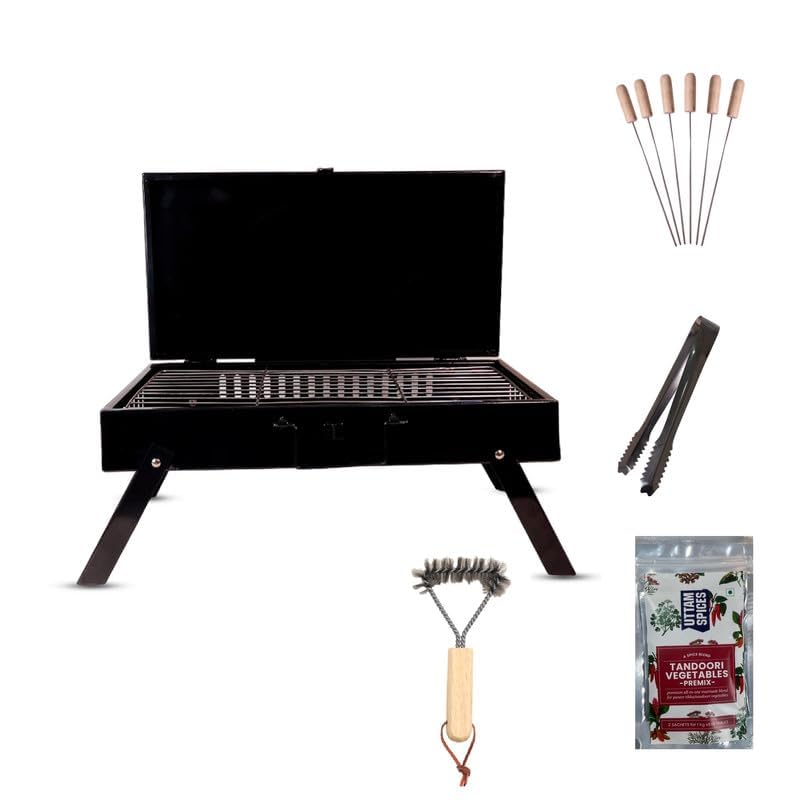 Finiky GrillLuxe Briefcase Barbeque with Lid & Accessories for Home | Portable, Easy To Assemble | Tandoori Griller for Camping | Charcoal Griller BBQ (Premium Accessories)
