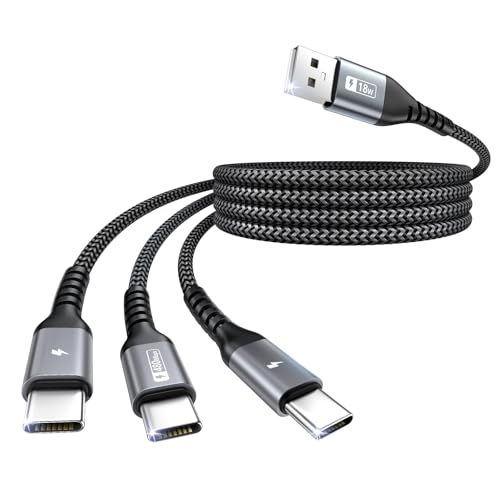 SUNGUY Multi Cable de Carga 1,2m, 3 en 1 Cable USB a USB C QC 3.0 Cable USB C Carga Rapida con 3 USB C puertos Nylon para i-Phone 16/15 Series, Galaxy S25 S24, LG, Huawei, Google, Sony, Xiaomi, Honor