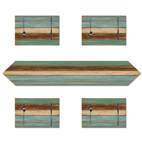 Farmhouse Rustic Teal Table Runner with 4 Placemats Retro Teal Green Brown Wood Style Waterproof Linen Table Runners Placemats Set for Dining Table Heat Resistant Set