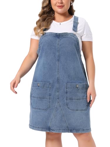 Image of Agnes Orinda Plus Size Women's Denim Overalls Dress Adjustable Strap Bib Suspender Skirts Jumper Jeans Dresses with Pockets