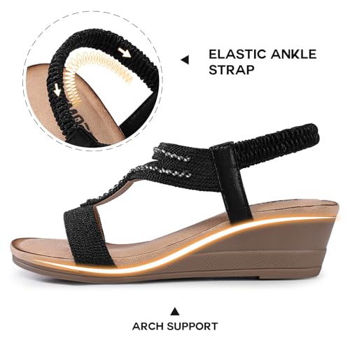 TEMOFON Wedge Sandals for Women Dressy: Low Wedge Sandals Women Comfortable Dressy Walking - Summer Casual Elastic Strappy Open Toe Rhinestone Shoes3