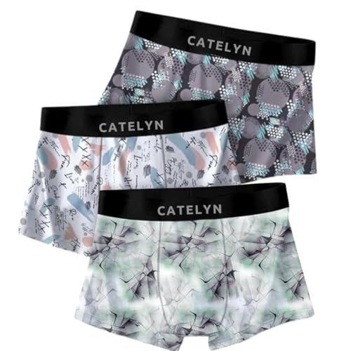 Image of CATELYN Printed Men's Extra Thin Elastic Ice Silk Underwear - Long, Comfortable, Breathable Boxer Brief Trunks, Smooth Fabric (Pack of 3)