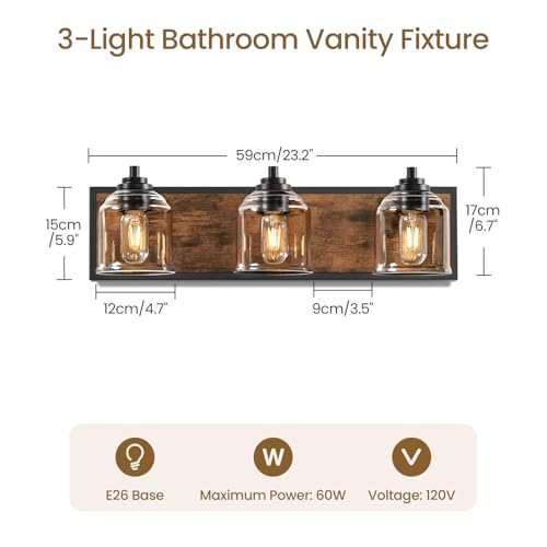 Image of 3-Light Bathroom Fixture, 23.2 inch Large Farmhouse Vanity Light, E26 Base (Bulbs Not Included), Thickened Glass Shade, for Bathroom, Bedroom, Vanity, Hallway, Rustic Brown and Black F17BD05