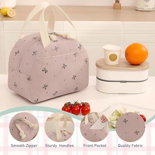 Image of SVH Corduroy Thermal Lunch Bag for Women & Kids | Large Capacity Insulated Lunch Tote with Front Pocket, Strong Handles & Zipper for Office, School, Picnic & Travel (Corduroy Bear Pink)