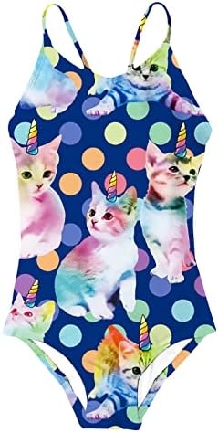 RAISEVERN Girls 3D Unicorn Cat Printed Pattern One Piece Swimsuits Bathing Suits Kids Swimwear Cross Back Adjustable Straps Beach Summer Little Girl Swim Suits 7-8 Years Old