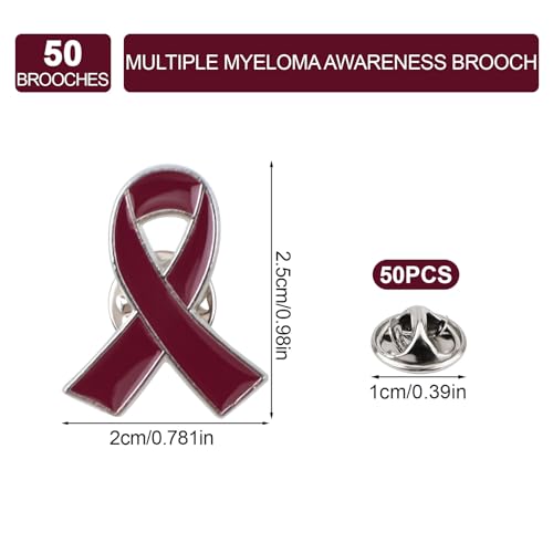 Image of WANDIC 50 PCS Burgundy Multiple Myeloma Awareness Ribbon Pins, Silver Back Sickle Cell Anemia Awareness Ribbon Brooche for Charitable Fundraising,2.5cm*2cm