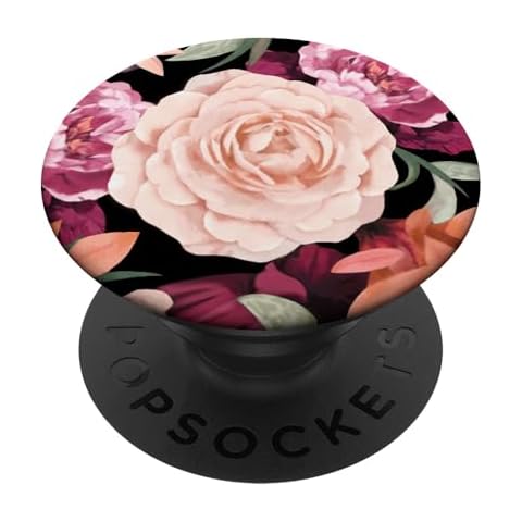 Floral - Pink Rose Purple Flowers Print On Black PopSockets PopGrip: Swappable Grip for Phones & Tablets PopSockets Adhesive PopGrip Cover