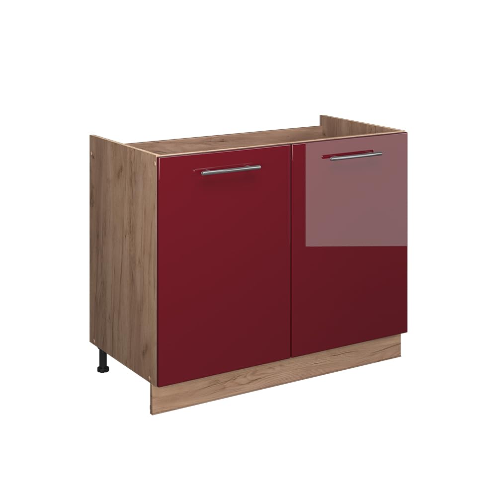 Vicco Sink base cabinet Fame-Line, Bordeaux High Gloss/Oak, 100 cm
