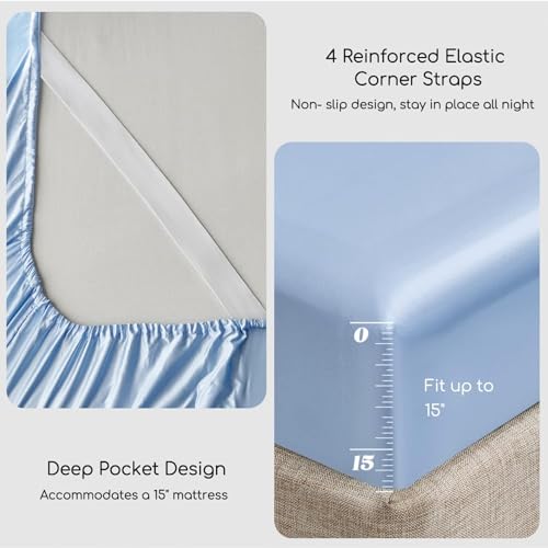 Image of MR&HM Satin Bed Sheets, Full Size Sheets Set, 4 Pcs Silky Bedding Set with 15 Inches Deep Pocket for Mattress (Full, Light Blue)