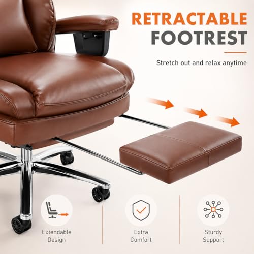 Image of Big and Tall Ergonomic Office Chair with Footrest, Executive High Back PU Leather Desk Chair, Reclining Computer Chair with Adjustable Lumbar Support and Armrests, Swivel Rolling Gaming Chair, Brown