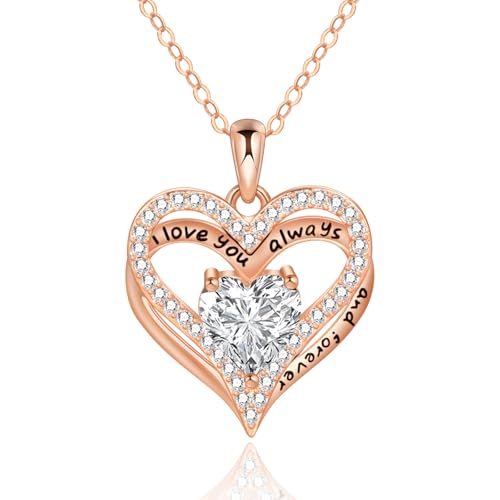 SILBERTALE Rose Gold Love Heart Necklaces for Women 925 Sterling Silver Heart Pendant Cubic Zirconia Necklace Jewellery Gifts for Mum Daughter Women
