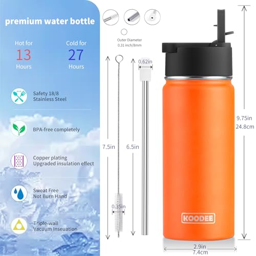 Image of koodee Water Bottle with Straw-16 oz Stainless Steel Double Wall Vacuum Insulated Water Flask Metal Sports Water Bottle for School (Mango Yellow)