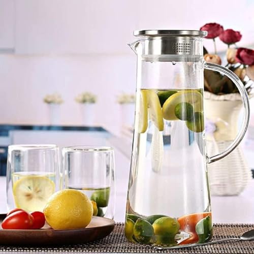 Image of NeWine Premium 1.30 Liter Glass Water Jug with Airtight Lid & Handle | 1300ML Transparent Beverage Carafe for Home Office Etc | Pitcher for Serve Juice Milk Beverage Chaas Cocktail (Borosilicate 1.3L)