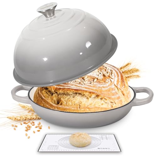 Homtone 5.5QT/26cm Enamelled Cast Iron Dutch Oven for Sourdough Bread, Dutch Oven Pot with Domed Lid, Cast Iron Bread Pot (Light Grey, with Silicone Liner)